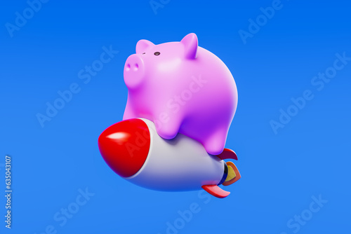Piggy bank on a top of a rocket going up into the sky. Saving and income growth concept. 3d rendering