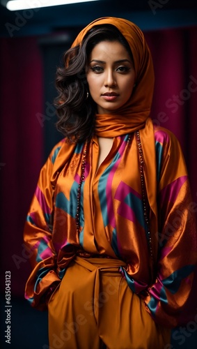 A stylish woman wearing an orange hijab standing in front of a vibrant red curtain © Usman
