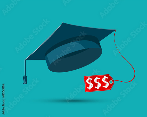 Graduation cap with price tag and dollar sign. Education loan and bribery. vector illustration