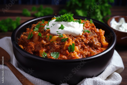Goulash, a spicy and hearty Eastern European stew, served in a deep dish with a dollop of sour cream and a sprinkle of chopped parsley on top.