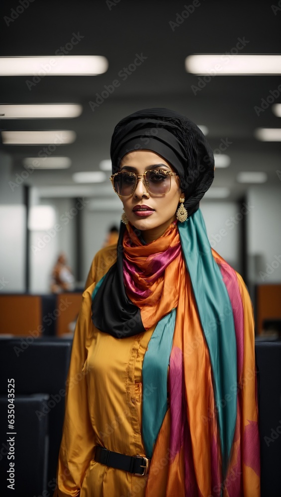 A stylish woman wearing a hijab and sunglasses