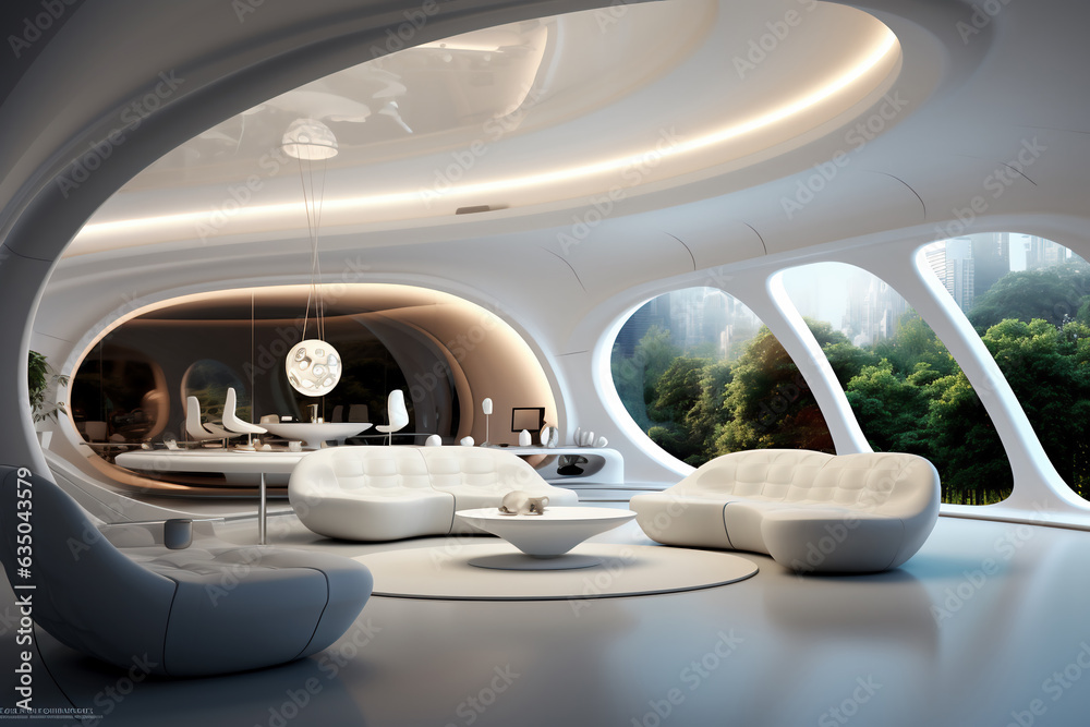 Living room in a futuristic design with white interior and big windows. AI Generative. Living room in a futuristic design with white interior and big windows. AI Generative.