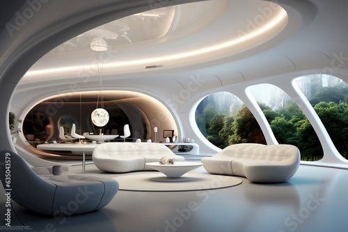 Living room in a futuristic design with white interior and big windows. AI Generative.