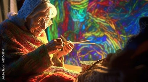 Elderly woman knitting a colorful sweater in a rocking chair . Fantasy concept , Illustration painting. © X-Poser