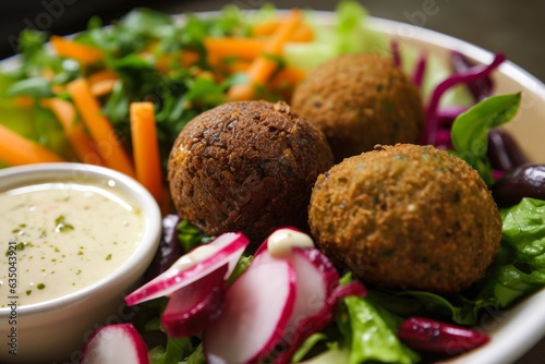 Close-up of delicious falafel plate with assorted pickled vegetables, crispy falafel balls, and drizzled tahini sauce, a healthy, vegan Middle Eastern street food.