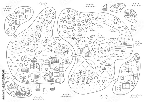 Islands map. Forest and city on the island. Editable outline sketch. Vector line illustration.