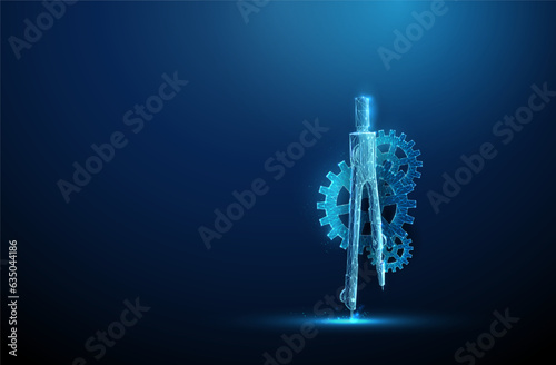 Abstract blue open compasses tool with gears. AI generation tool concept.