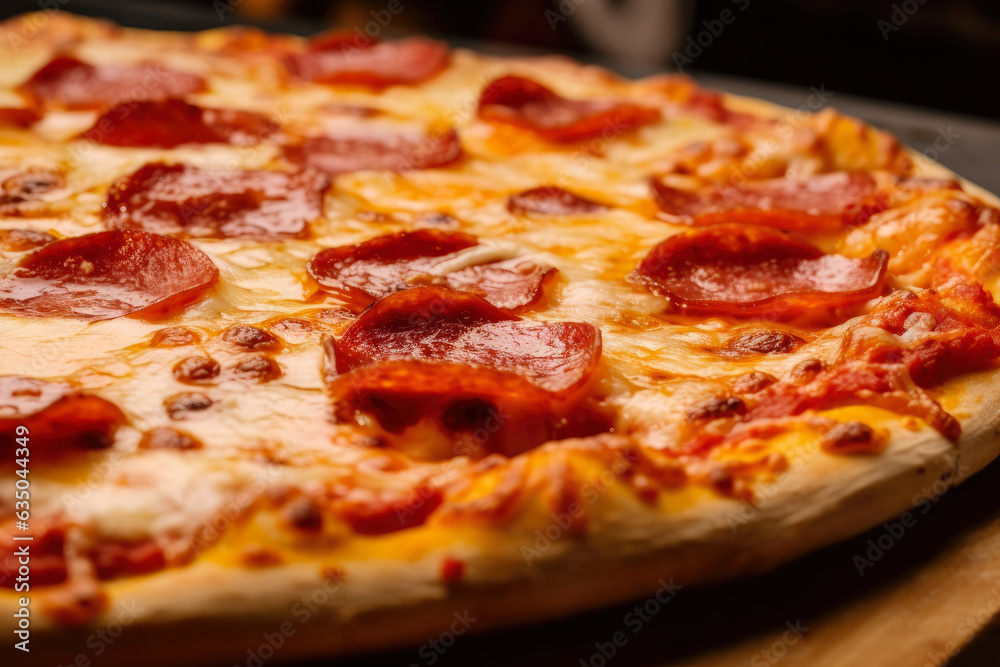 Delicious hot pepperoni pizza with melted cheese and crispy golden crust, straight out of the oven, capturing every mouthwatering detail.
