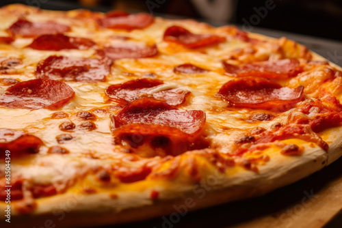 Delicious hot pepperoni pizza with melted cheese and crispy golden crust, straight out of the oven, capturing every mouthwatering detail.