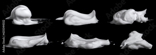 liquid white foam from soap or shampoo or shower gel Abstract soap bubbles. Set foam, soap bubble isolated on black, with clipping path texture and background. 