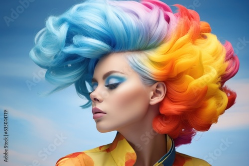 Vibrant woman sporting rainbow-colored hair against a sky-blue backdrop, exuding pop-inspired boldness with striking bright colors