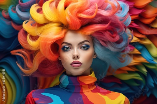 Dynamic hairstylist showcasing her vibrant colorful hair against a dazzling rainbow background, epitomizing colorised creativity photo