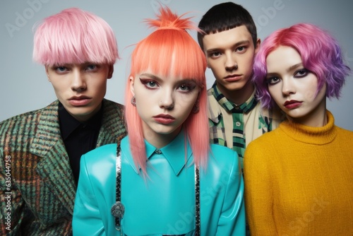 Edgy fashion photo of a diverse group of young individuals with vivid dyed hair, radiating in a blend of dark pink, light azure, and purple tones, embodying the genderless kitsch aesthetic photo