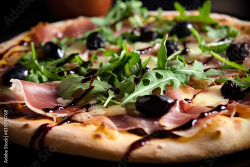 Gourmet pizza drizzled with balsamic glaze, topped with prosciutto, arugula, and shaved Parmesan cheese, garnished with black olives in a mouth-watering macro shot.