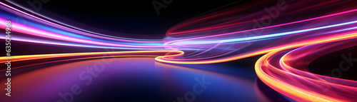 Panoramic Neon Glow: Abstract Fluorescent Lines in Dark with Reflection, Virtual Dynamic Ribbon