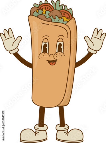 Retro cartoon funny burritos characters. Vintage taco, doner kebab, pita mascot vector illustration. Nostalgia 60, 70s, 80s
