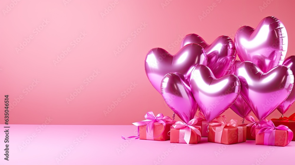 hearts balloons with gifts on pink Valentines Day background