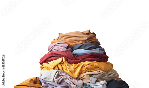 Stack of colorful clothes. Pile of clothing on table empty space background. Laundry and household by the washing machine in clean white room. Isolated on white