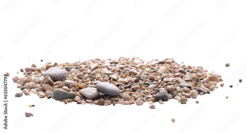 Pile colorful rounded sea pebbles and sand, rocks isolated on white Pile colorful rounded sea pebbles and sand, rocks isolated on white