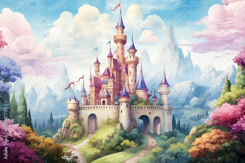 Seamless Pattern Of Whimsical Fairytale Castles, Generative AI