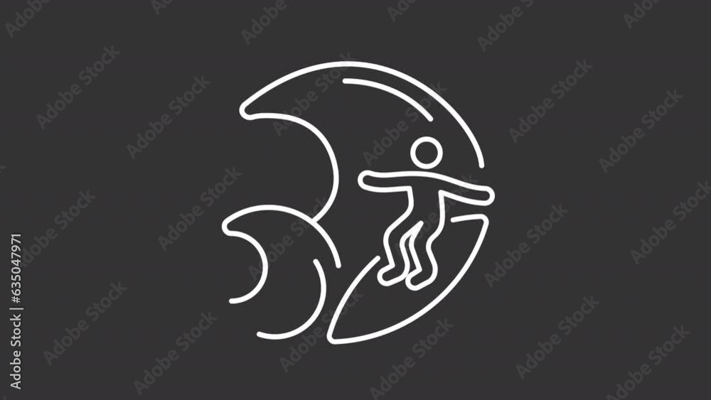 Big wave surf white line animation. Surfer on wave animated icon. Extreme sport. Recreational activity. Isolated illustration on dark background. Transition alpha video. Motion graphic Big wave surf white line animation. Surfer on wave animated icon. Extreme sport. Recreational activity. Isolated illustration on dark background. Transition alpha video. Motion graphic