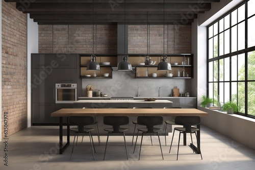 Modern kitchen in loft apartment. Interior of modern spacious kitchen with built in appliances and dining zone. Generative AI.
