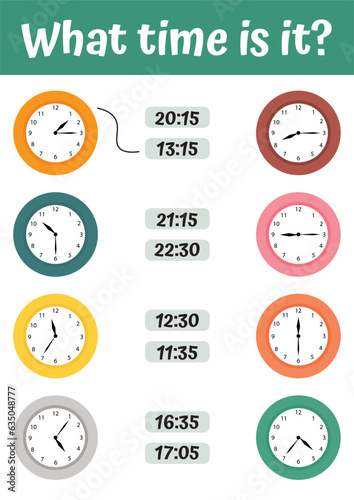 Useful games with clock for preschool children. Tell time set with clock funny animals for kids. What time is it Kids preschool playing, learning activity. Worksheet for school kids.