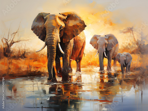 Fototapeta African elephant family near watering place. Oil painting in the style of impressionism.