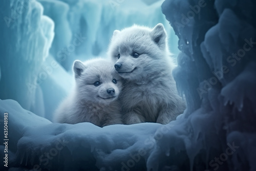 The background is a winter snowscape, beautiful sky and clouds, and the baby Arctic fox bathed in the gentle light of the sun is a cute white animal.