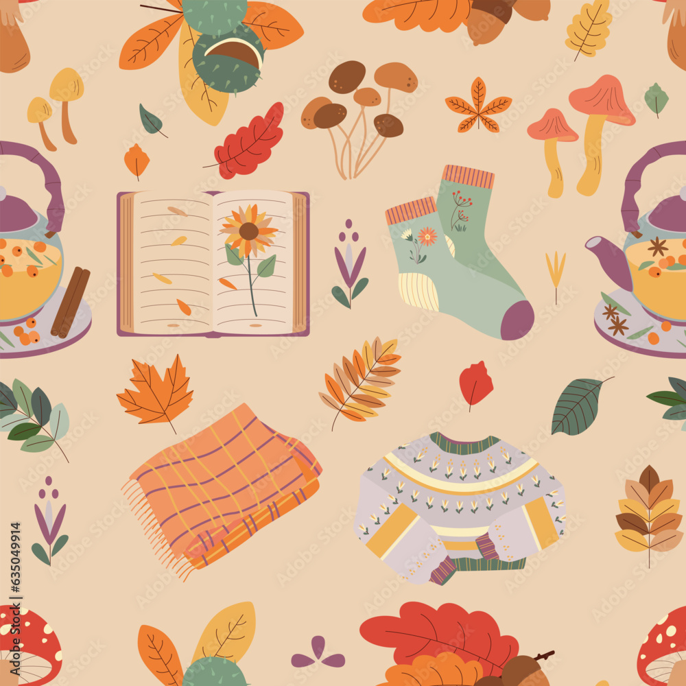 Pattern with mushroom, book, leaves, tea, plaid, sweater. Hello autumn. Elements on the autumn theme.