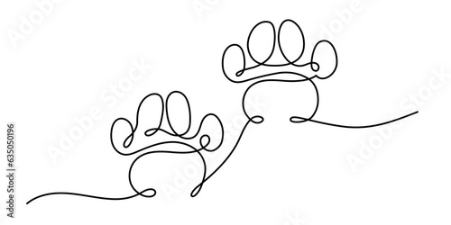 Two pet paws footprints single line art drawing. Animal track continuous hand drawn outline vector illustration isolated on white background.
