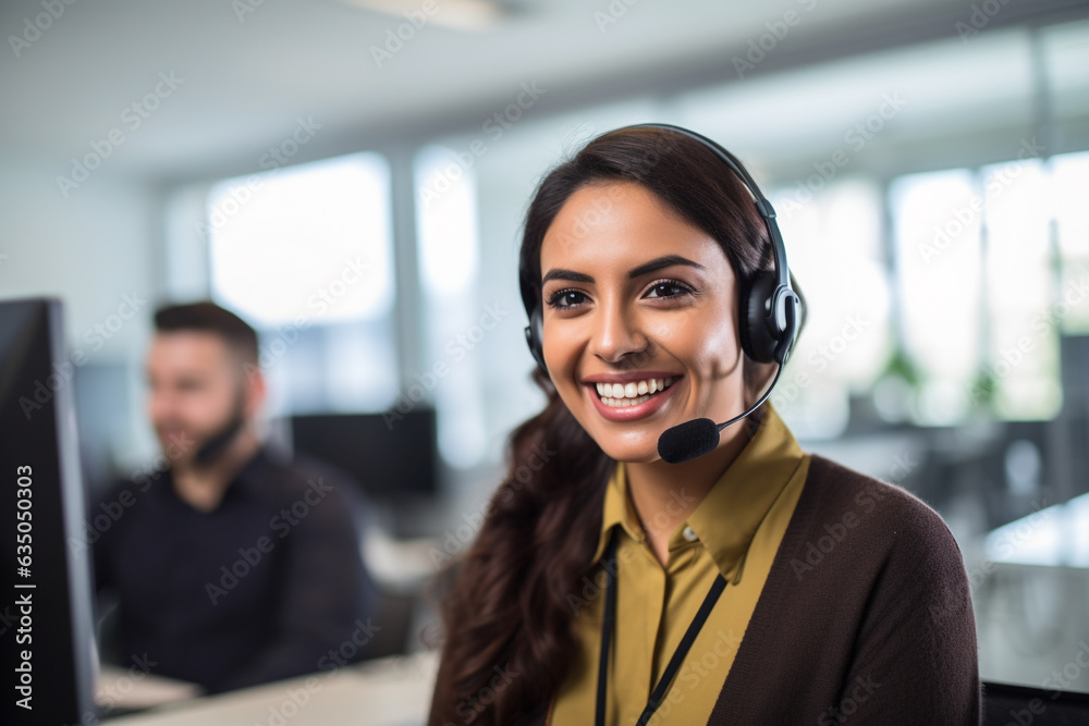 happy female Hispanic help desk coordinator provides exceptional