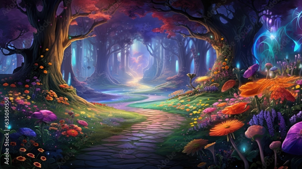 Obraz premium Flowers in glowing cosmic forest or garden landscape. Fantasy fairy tail abstract blossoming alien flowers with galaxy space Universe. Floral magical galaxy background. AI illustration digital art..