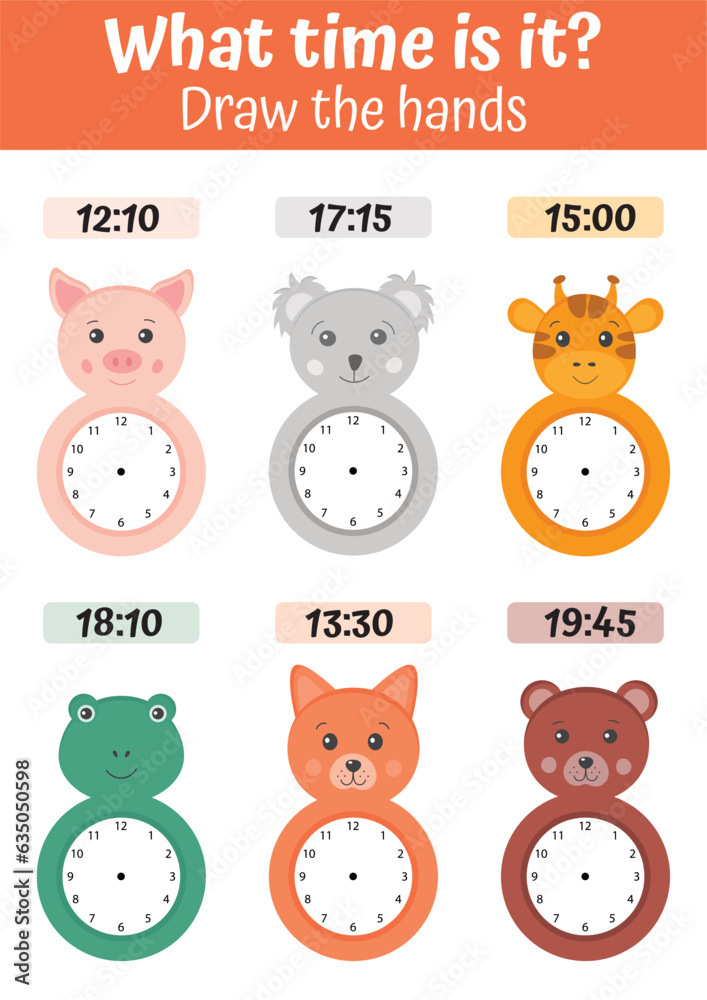 Telling time worksheet for preschool kids to identify the time. Clock faces with funny animals. Kids preschool playing, learning activity. Educational task for the development of logical thinking. Telling time worksheet for preschool kids to identify the time. Clock faces with funny animals. Kids preschool playing, learning activity. Educational task for the development of logical thinking.