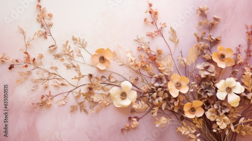 Textured autumn flowers mixed media floral art background. AI illustration for packaging, textile, decoupage, cover, wall art, invitation, fabric, poster.