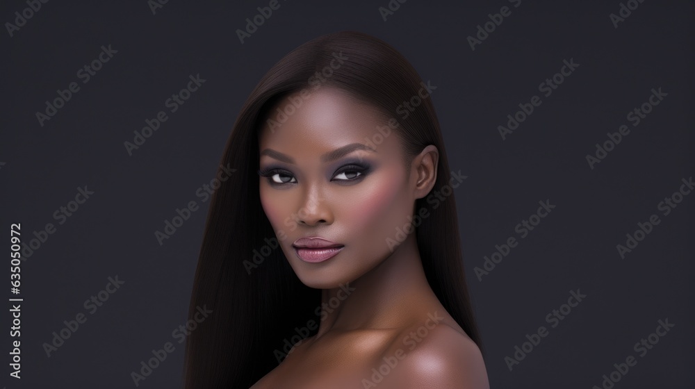 Naklejka premium Beauty close-up portrait of beautiful black woman with perfect skin and nude make-up. AI photography..