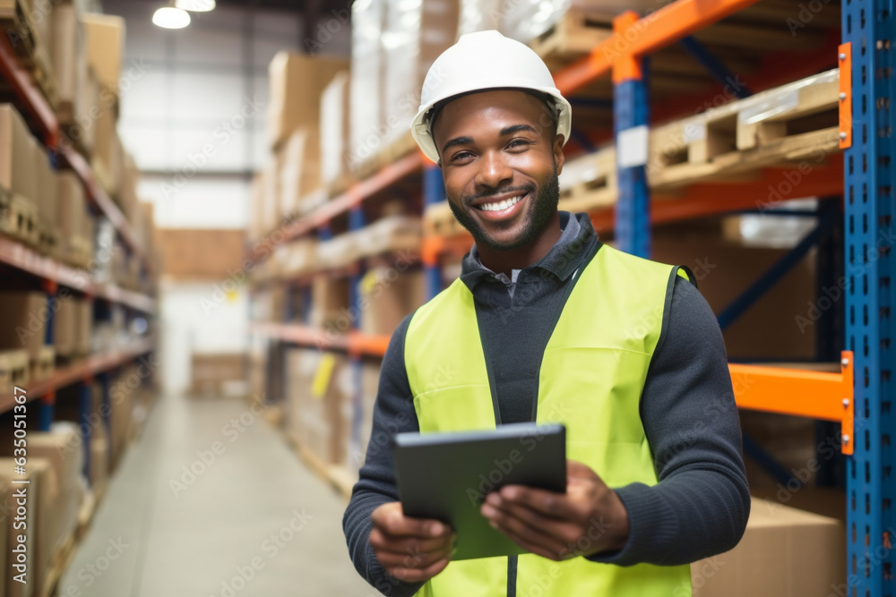 happy and handsome black male worker, wearing a hard helmet and protective clothing, diligently checks shelves filled with full boxes in a busy warehouse, ensuring everything is organized and in order - obrazy, fototapety, plakaty 