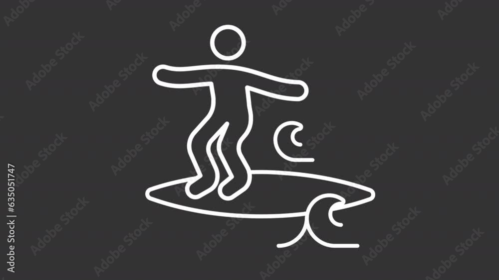 Surfing tricks animation library. Surfer on wave animated white line icons. Sea sport. Summer fun. Ocean coast. Isolated illustrations on dark background. Transition alpha. HD video. Icon pack Surfing tricks animation library. Surfer on wave animated white line icons. Sea sport. Summer fun. Ocean coast. Isolated illustrations on dark background. Transition alpha. HD video. Icon pack