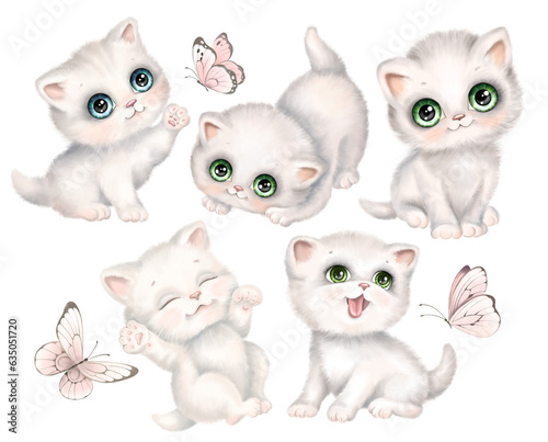 Set of Cute fluffy kittens with butterflies. Collection of White Kitty Cats, Hand drawn watercolor digital illustration. Cartoon baby pet animals