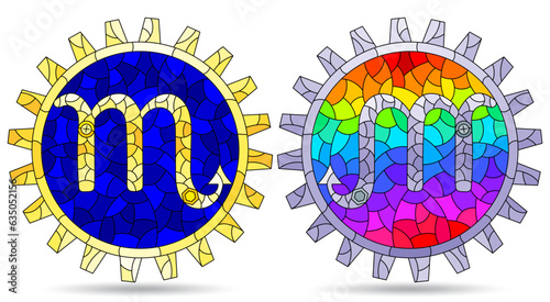 Illustration in the style of a stained glass window with a set of zodiac signs scorpio, figures isolated on a white background
