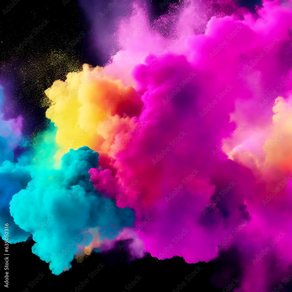 Clubs of multicolored neon smoke, ink. An explosion, a burst of holi paint. Abstract psychedelic pastel light background. 3D rendering.
