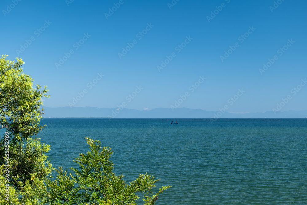 夏の琵琶湖の風景　東近江市湖岸のサイクリングロードからの眺め　滋賀県東近江市