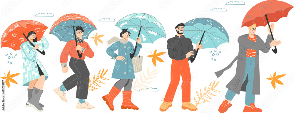 Men and women group walking on autumn day under umbrellas. Autumn season banner or poster backdrop with people in rain.