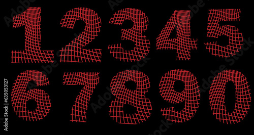 NUMBERS IN RED THREADS DESIGN IN WAVE STYLE VECTOR ISOLATED DESIGN. PUNK ROCK STYLE NUMBERS.