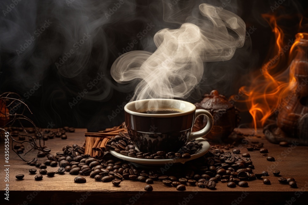 Cup of black coffee with beans on wooden table Cup of black coffee with beans on wooden table