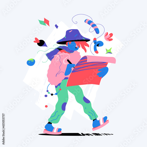 A quirky creative character walks while drawing on a large sheet.