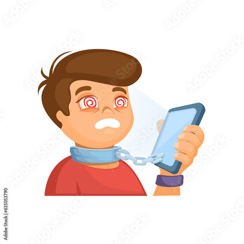 Boy His Neck Tied To A Chain To A Smartphone. Gadget Addiction Problem Metaphor illustration Vector