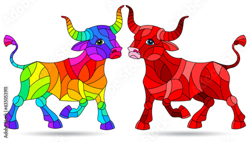 An illustration in the style of a stained glass window with an abstract brught bulls, animals isolated on a white background