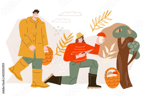 Hunting, picking mushrooms scenery. Man and woman in autumn forest looking for mushrooms, flat vector illustration isolated on white background.