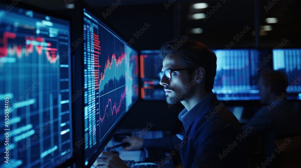 Fototapeta premium A young male financial analyst in glasses works with tradings data viewing the monitors in the office